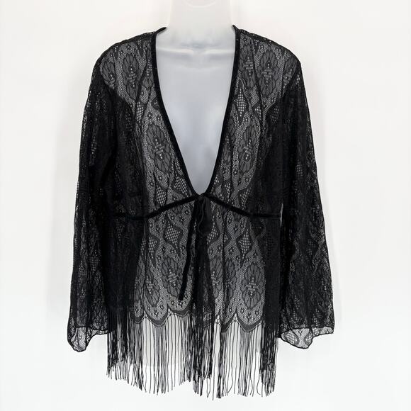 Venezia Jeans Y2K Lace Fringe Cardigan 18/20 Sheer Swim Cover Up Boho Whimsigoth - Picture 1 of 5